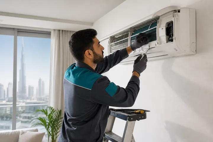 HVAC technician servicing a wall-mounted air conditioner