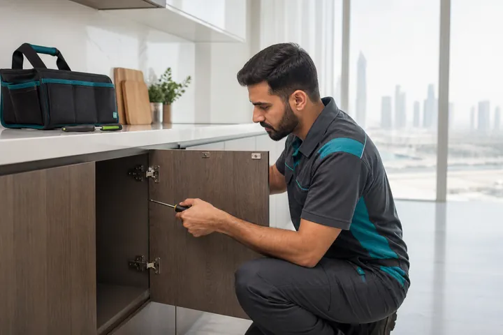 Carpenter adjusting a kitchen cabinet door