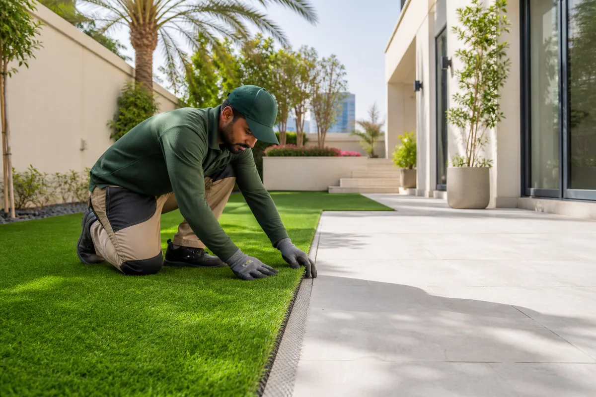 Landscaper installing garden grass at a Dubai villa