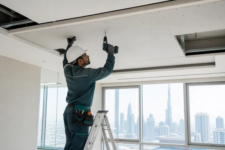 Ceiling technician installing gypsum board