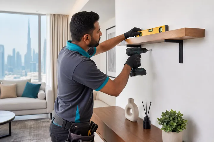 Handyman mounting and leveling a wall shelf