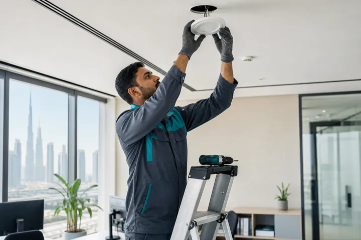 Maintenance technician replacing an office ceiling light