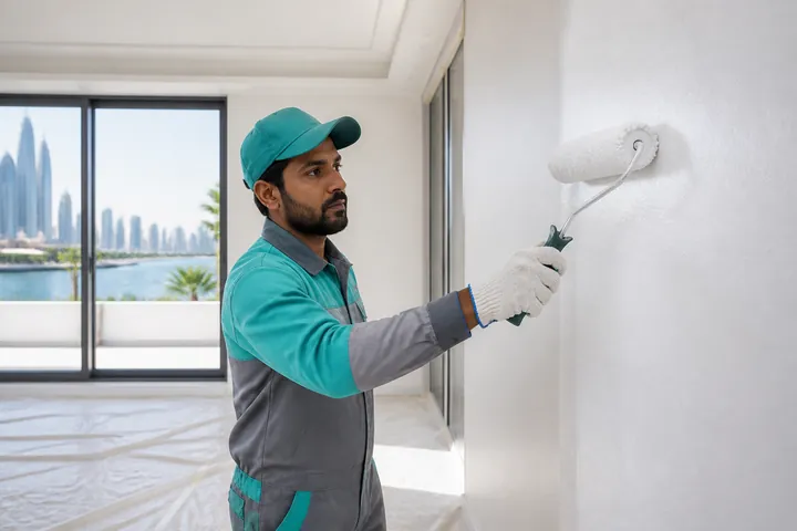 Painter applying a neat finish to an interior wall