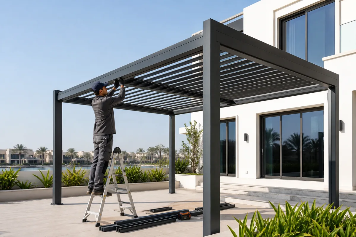 Technician installing a modern pergola at a Dubai villa