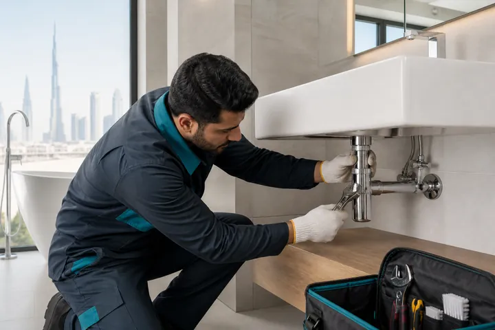 Plumber repairing pipework beneath a sink