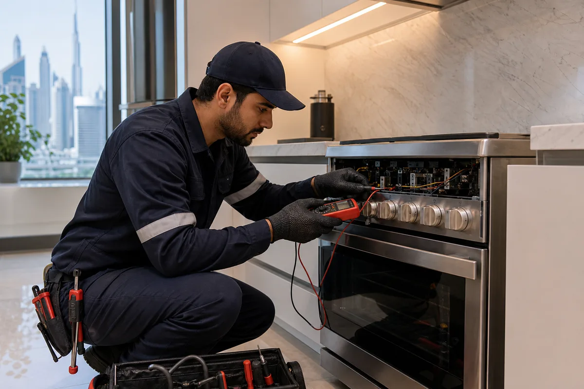 Technician repairing a modern kitchen stove