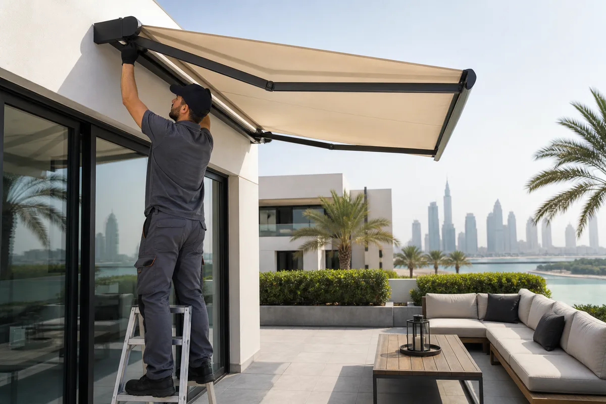 Technician installing a patio sunshade at a Dubai villa