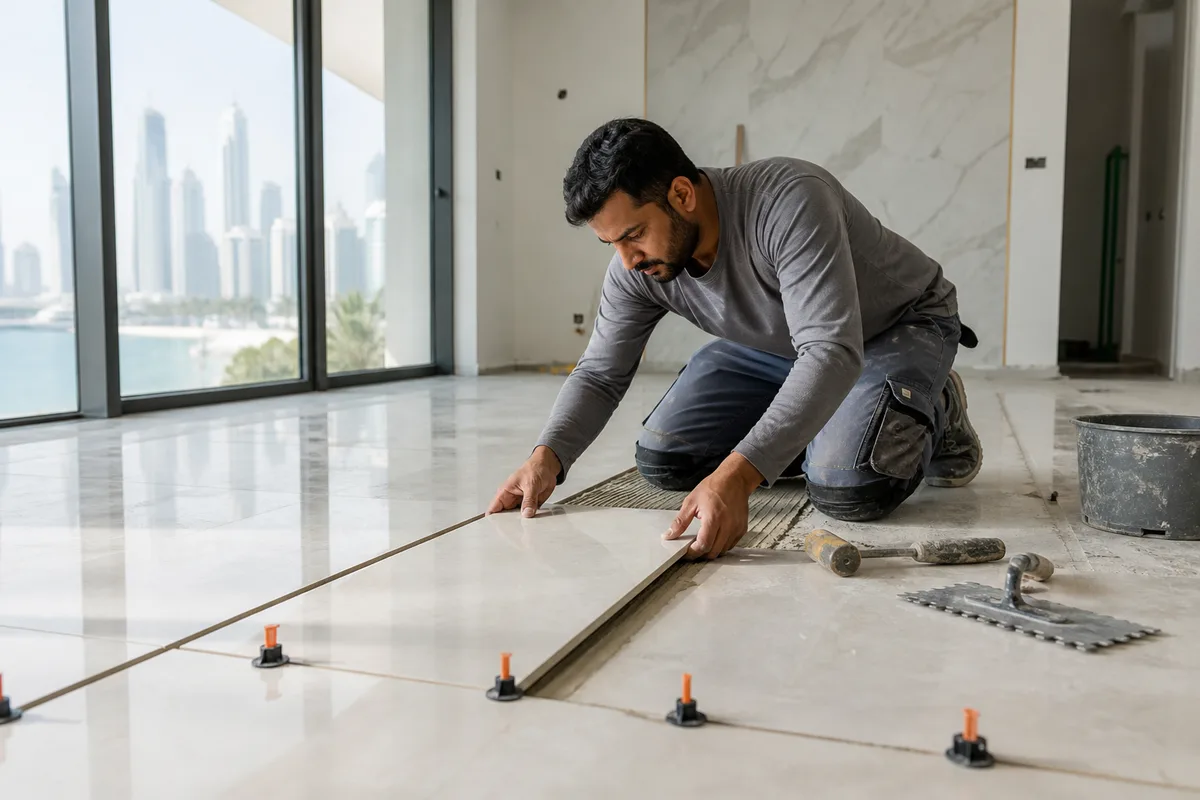 Professional tiler installing floor tiles in a Dubai home
