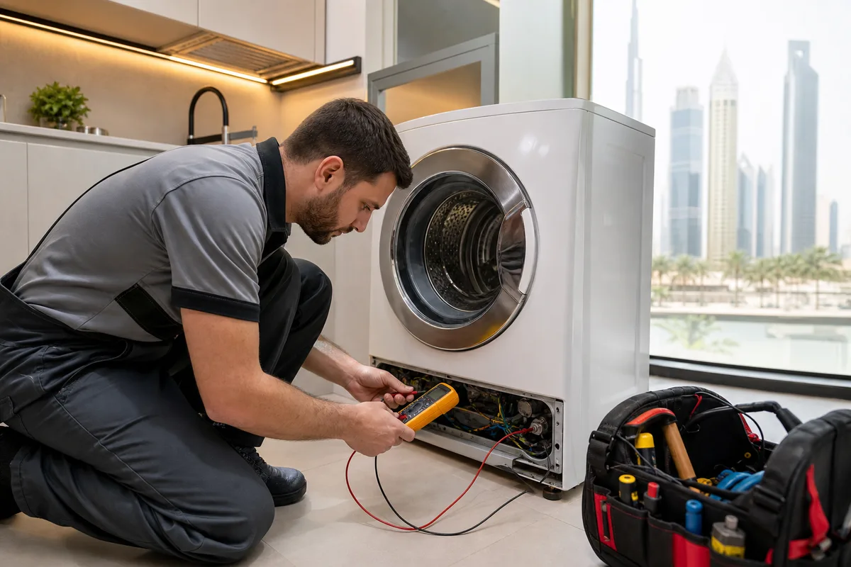 Technician repairing a washing machine in a Dubai home