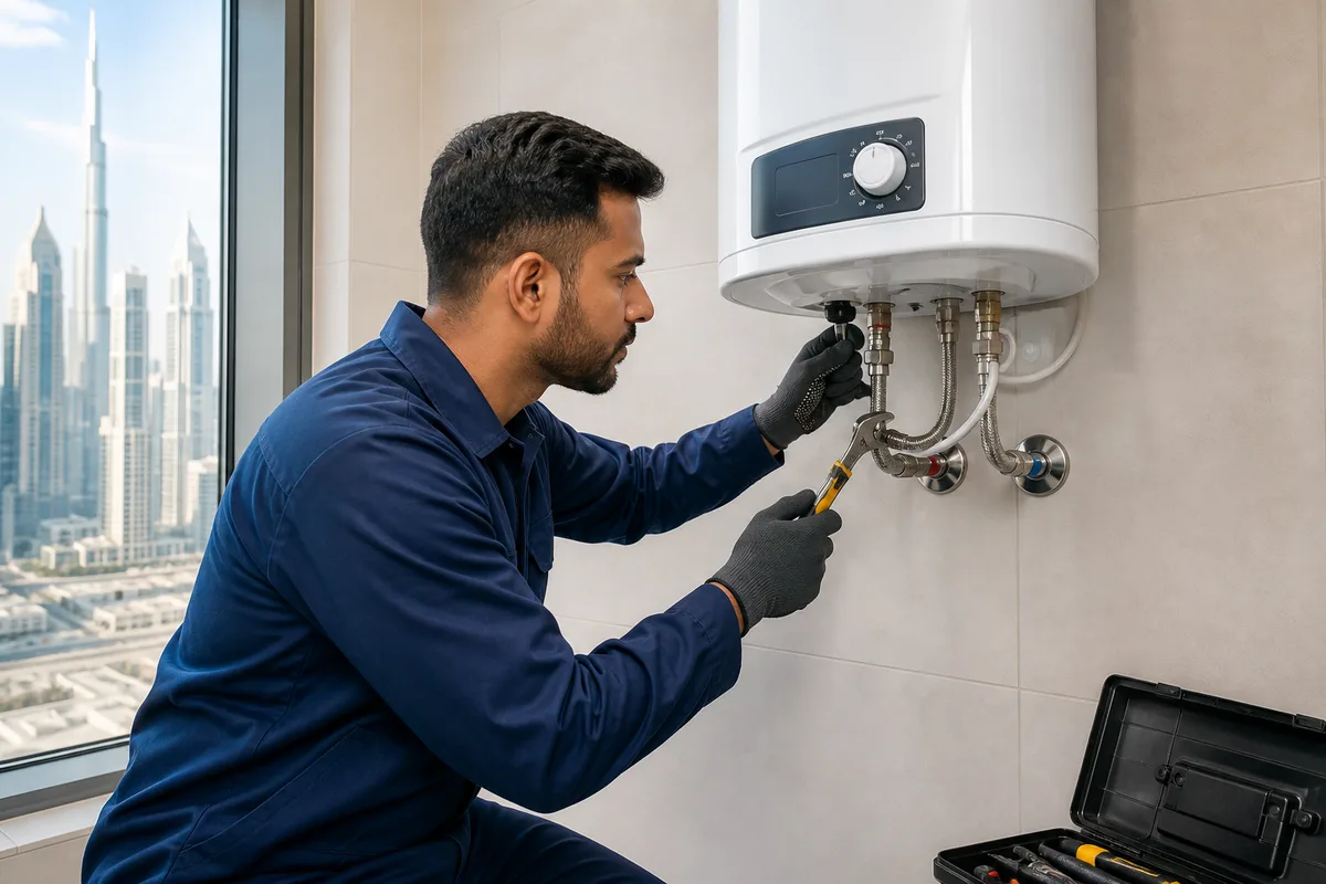 Technician repairing a wall-mounted water heater